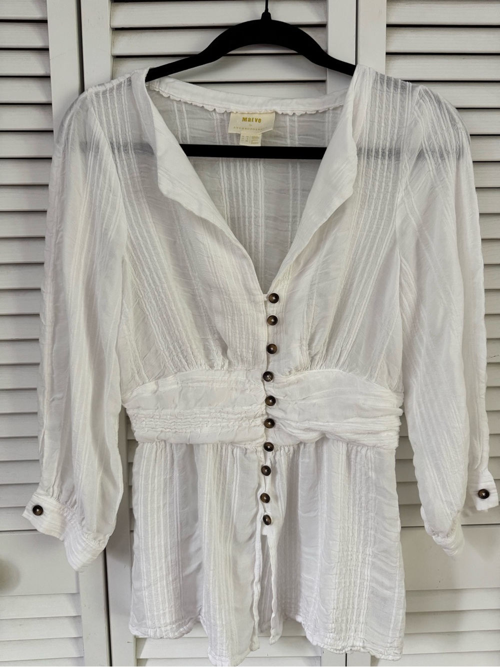 MAEVE by Anthropologie White Button-Front Peasant Blouse Size -6